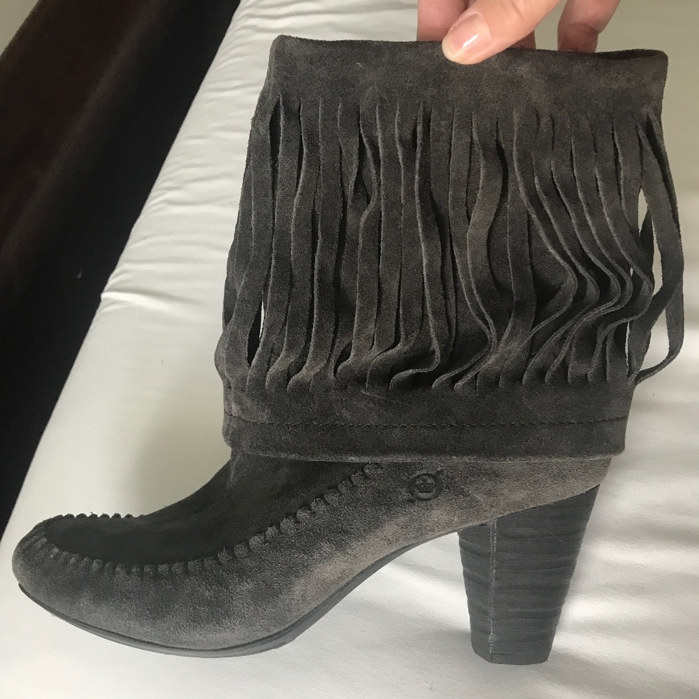 Born Gray Suede Fringe Ankle Boots